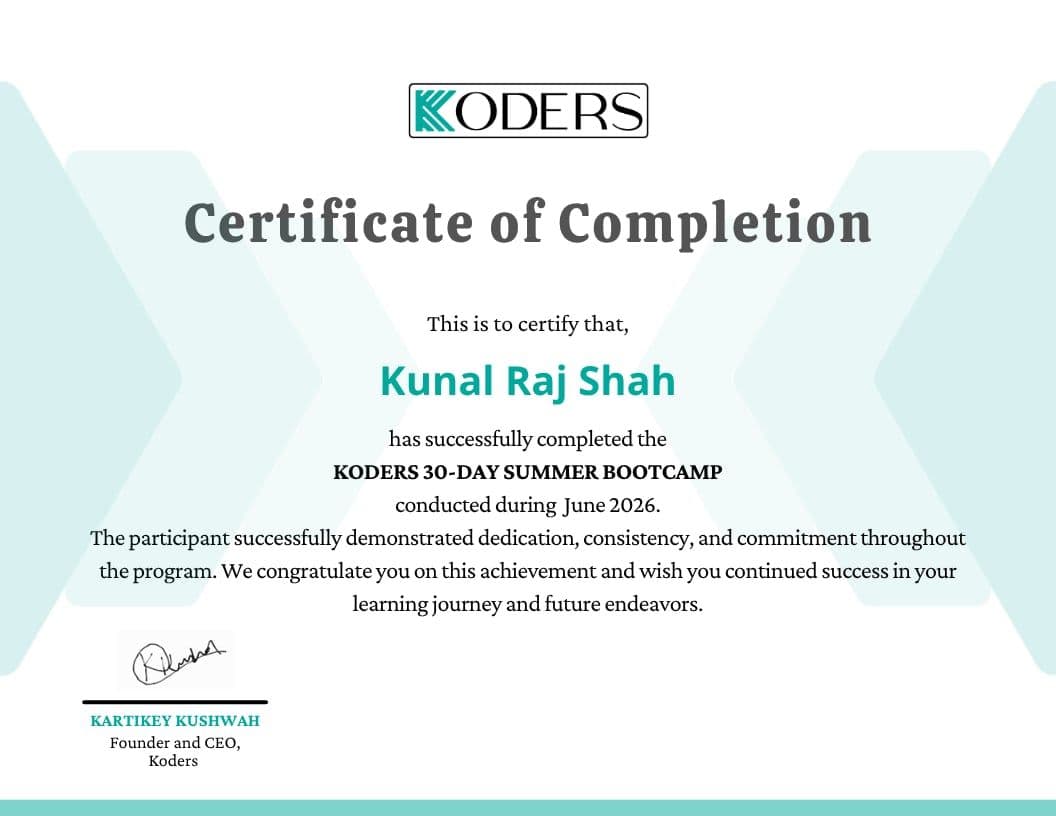 KODERS 30-Day Summer Bootcamp certificate