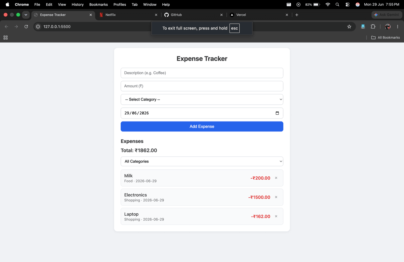 Expense Tracker showing spending categories and charts