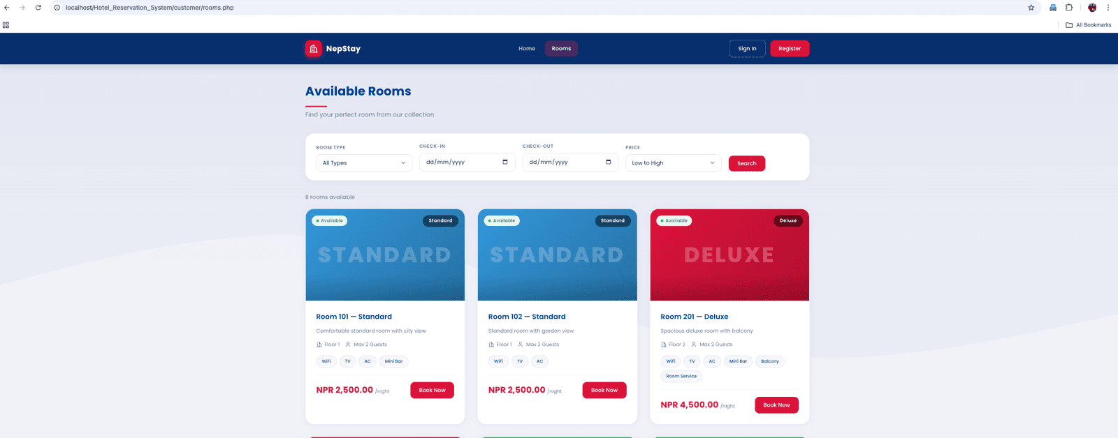 Hotel Management System interface for rooms and reservations