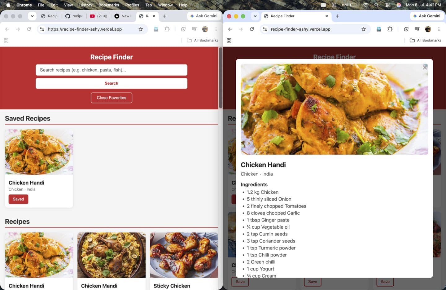 Recipe Finder search interface showing recipe results